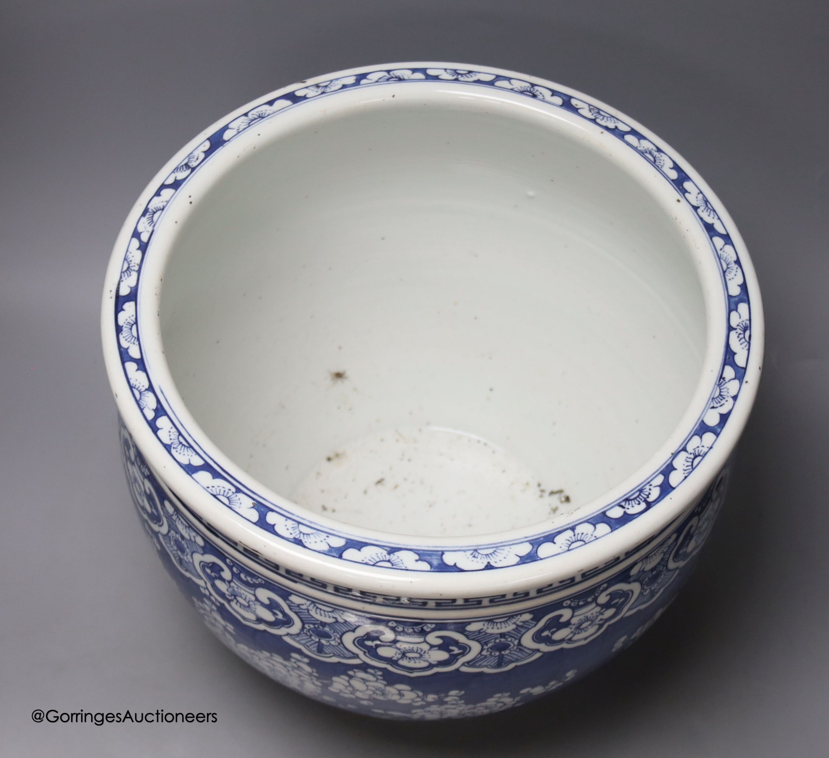 A Chinese blue and white prunus jardiniere, late 19th century, diameter 37.5cm